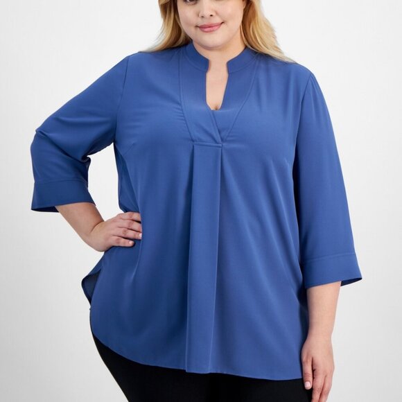 Anne Klein Plus Size Split-Neck 3/4-Sleeve Tunic Top – Blue Jay 3X NWT - Picture 1 of 4